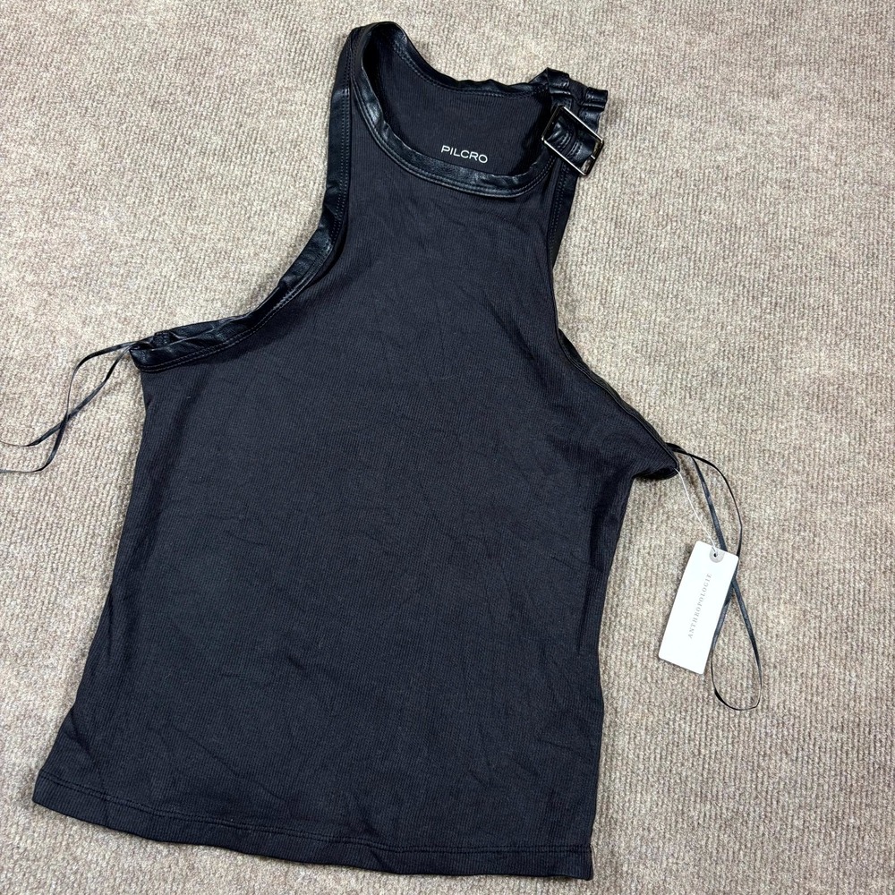 Anthropologie Pilcro Buckle Tank Top Womens Small Black Ribbed Cotton Stretch